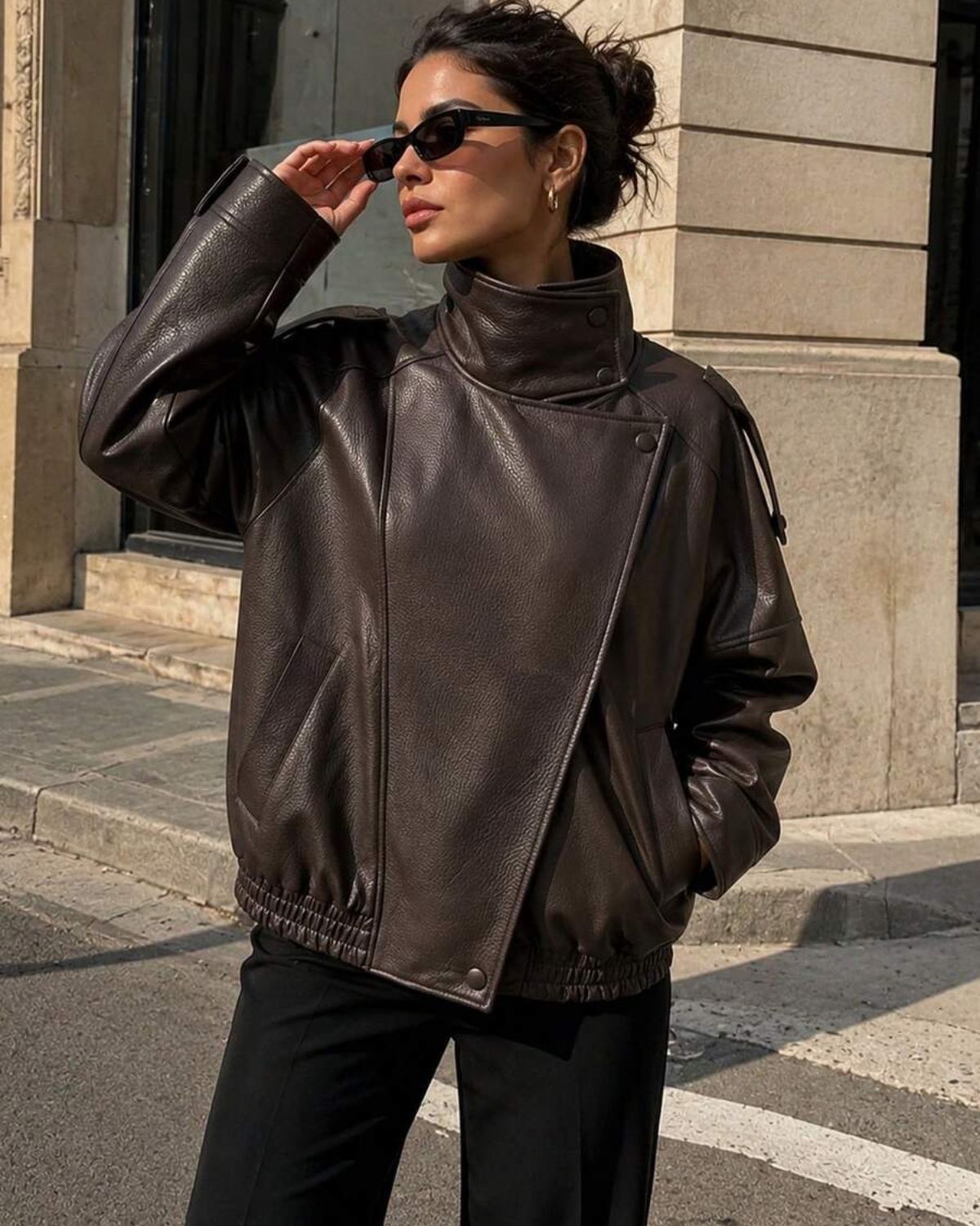Funnel Neck Leather Jacket