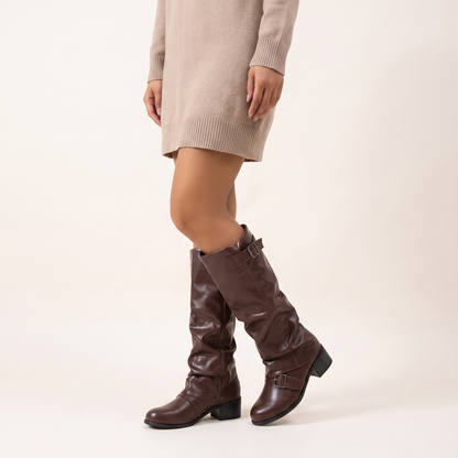 Low Heel Long Leather Boots