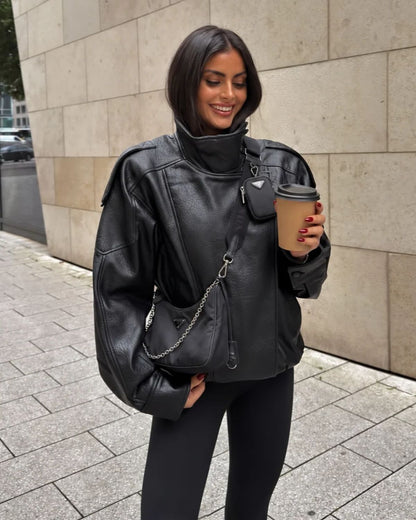 Funnel Neck Leather Jacket