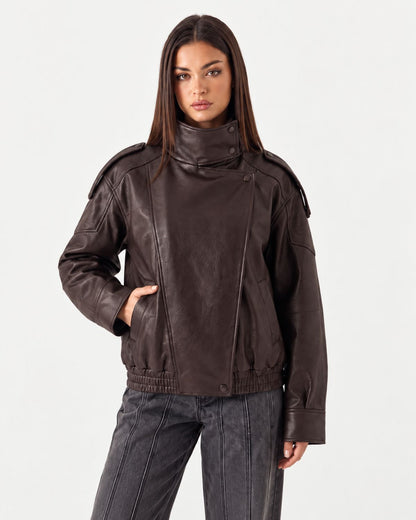 Funnel Neck Leather Jacket