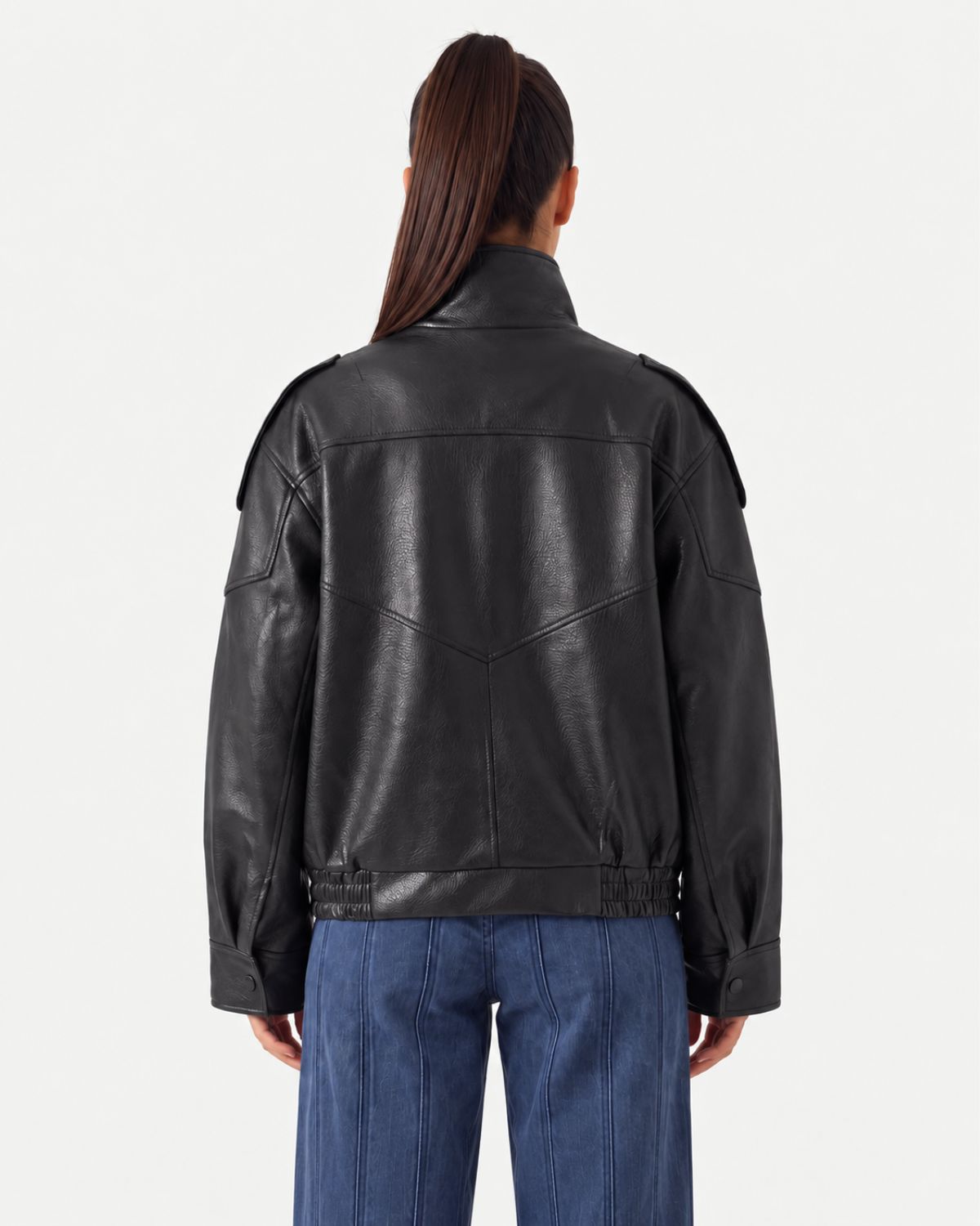 Funnel Neck Leather Jacket