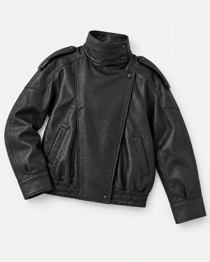 Funnel Neck Leather Jacket