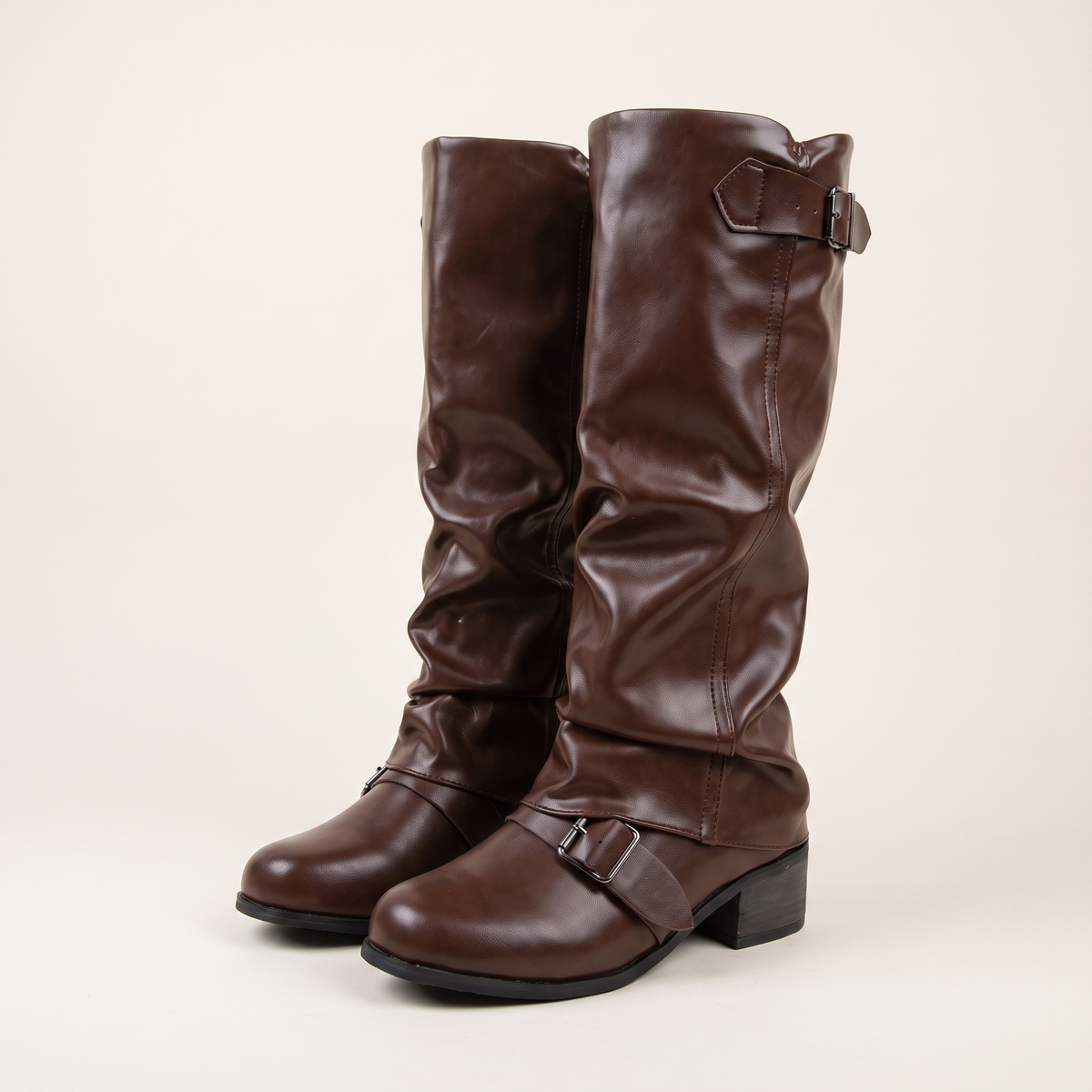 Low Heel Long Leather Boots