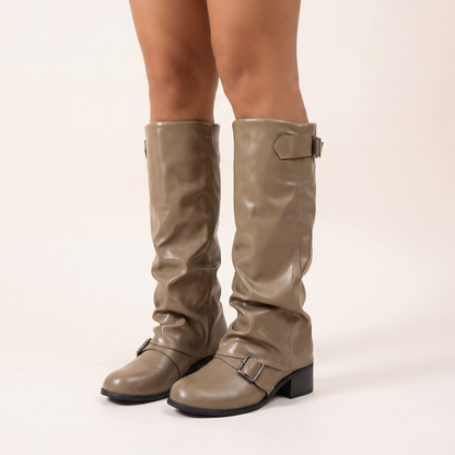 Low Heel Long Leather Boots